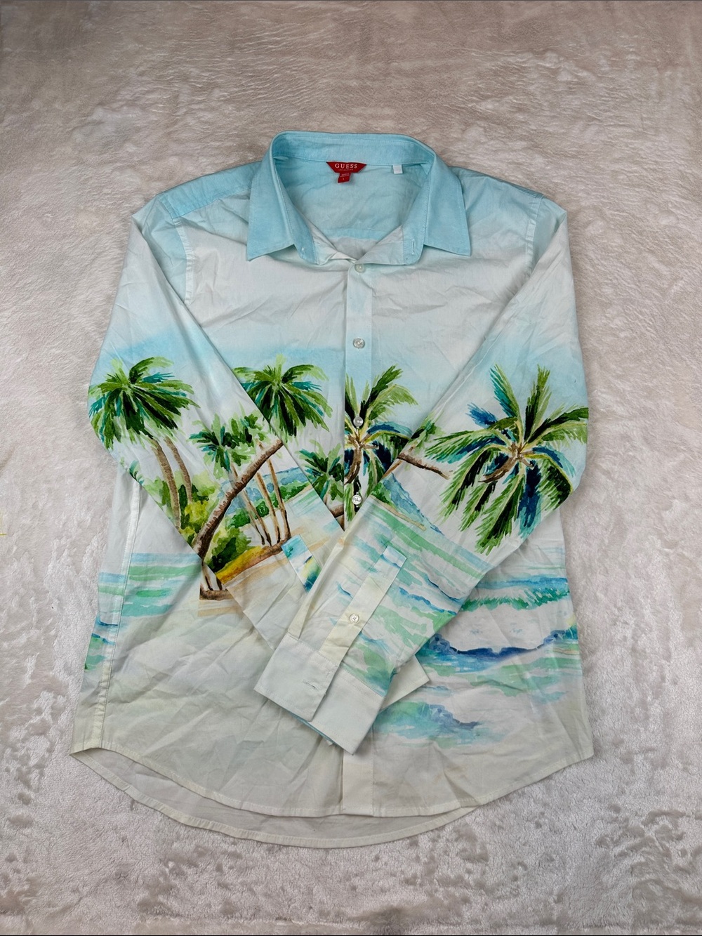 Guess Size L Men's Blue Green Palm-Print Button-Down Shirt | Vacation | Casual